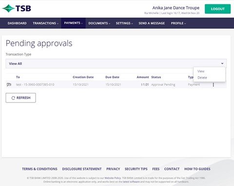 Pending approvals TSB website